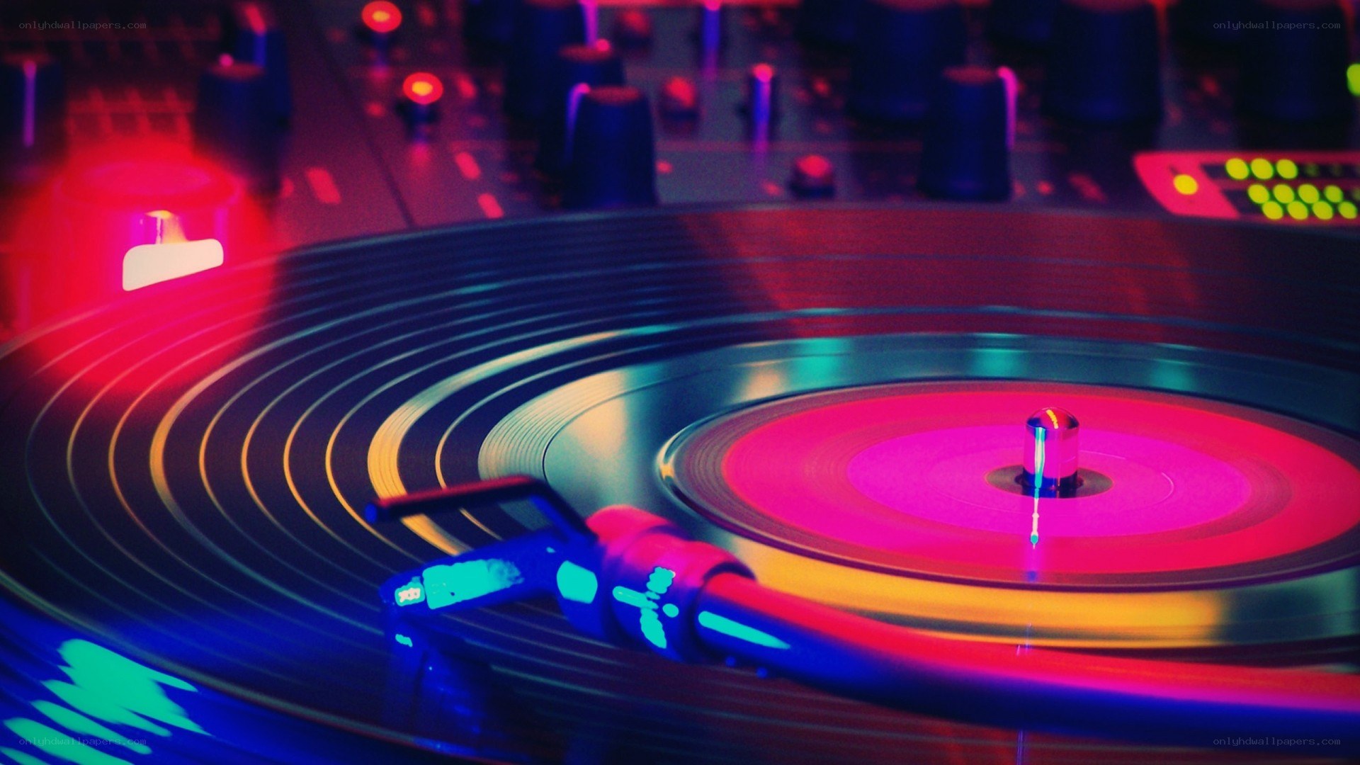 Spinning vinyl record on turntable