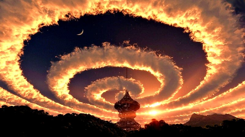 Spiral Cloud Formation — Orange, Dramatic, Sunset, Digital Art, Moon