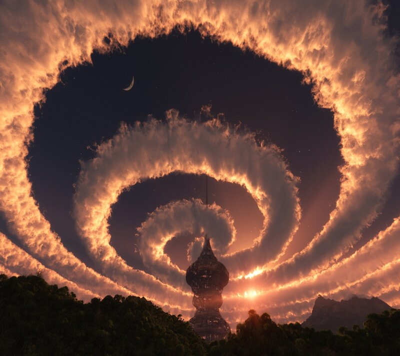 Spiral Cloud Formation — Orange, Dramatic, Sunset, Digital Art, Tower