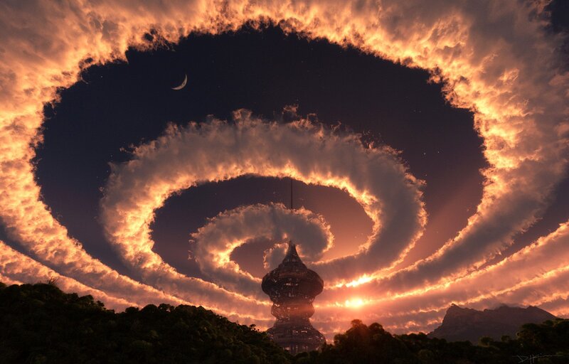 Spiral clouds over tower