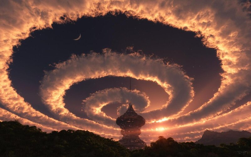 Spiral clouds over tower