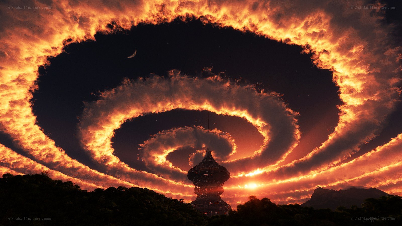 Spiral clouds over tower