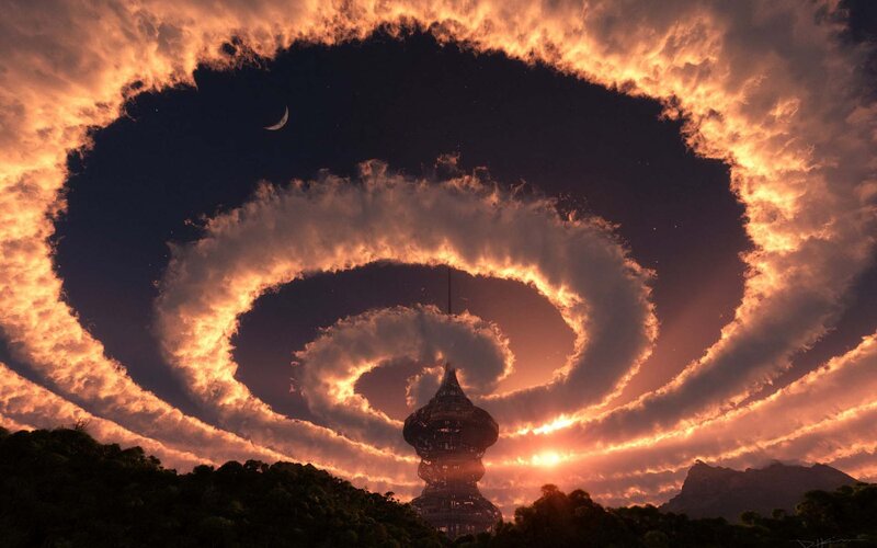 spiral clouds over tower