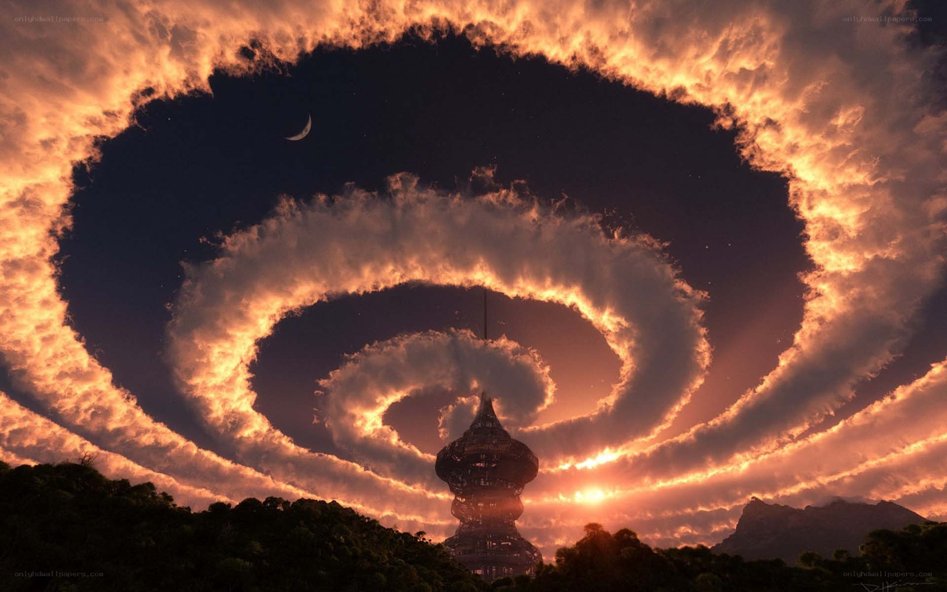 spiral clouds over tower