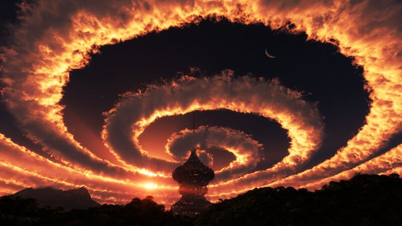 Spiral Clouds over Tower — Orange, Dramatic