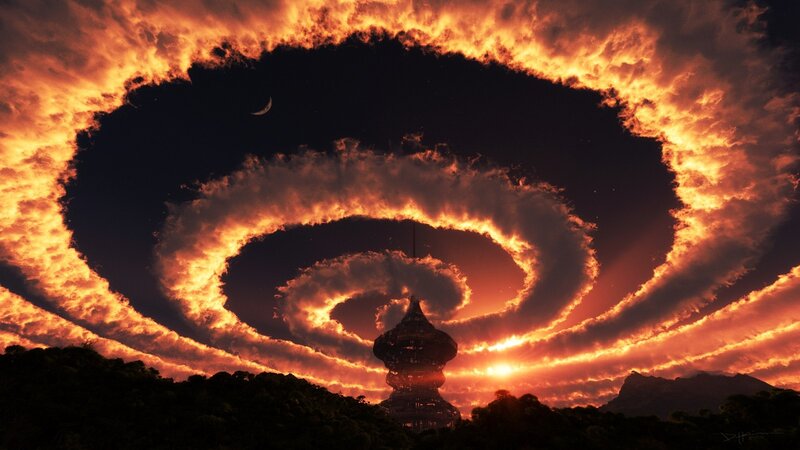 Spiral Clouds over Tower — Orange