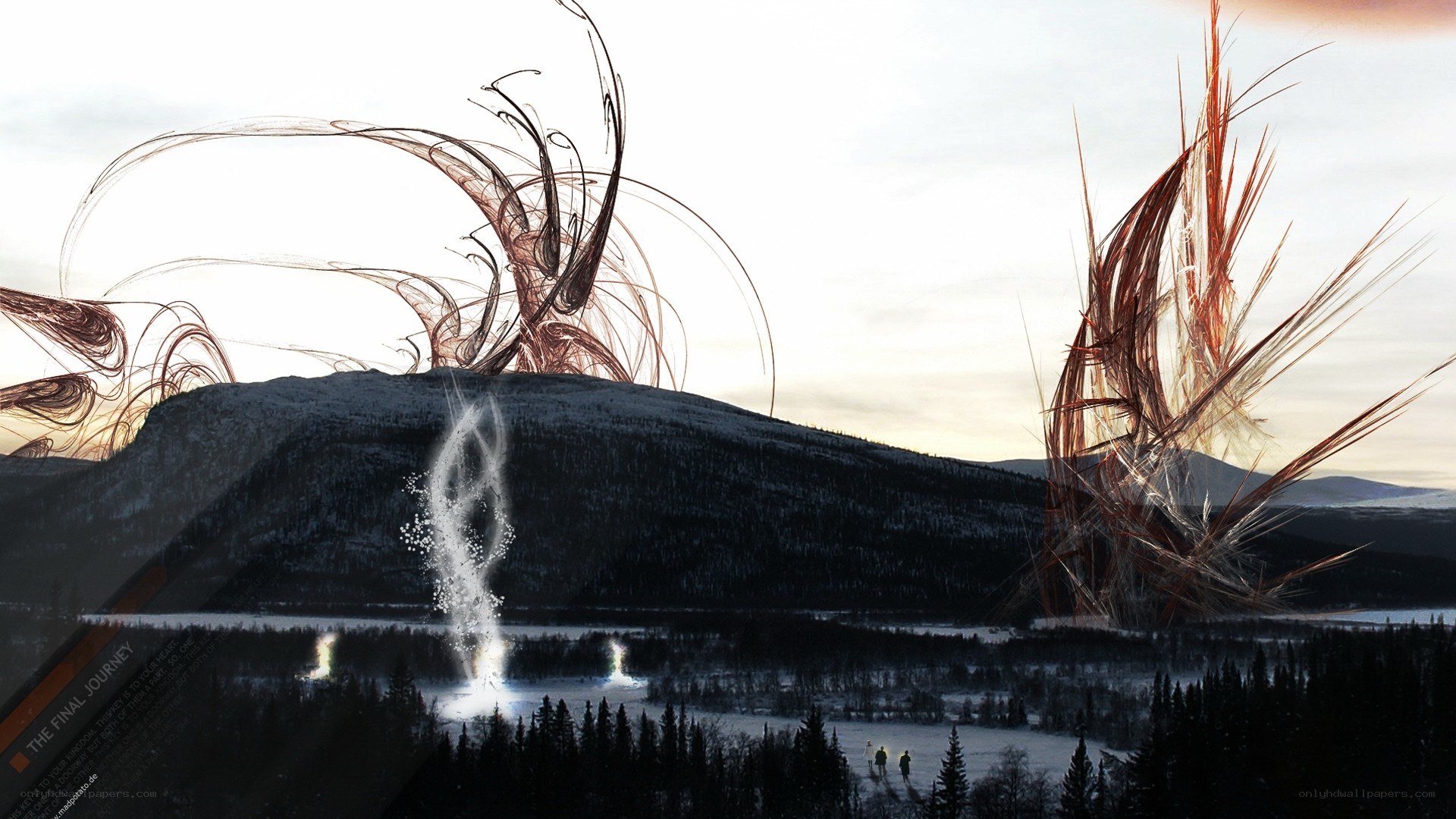Spiral energy over snowy landscape