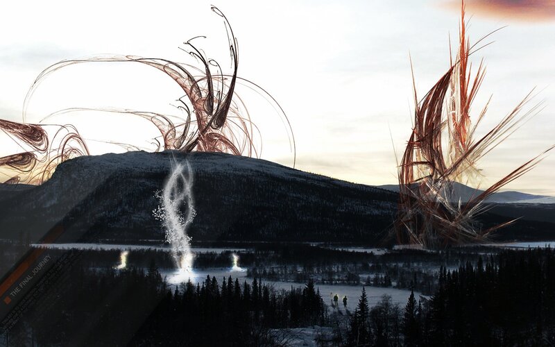 Spiral energy over snowy landscape