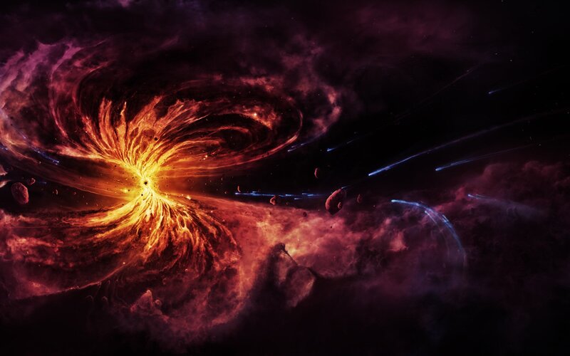 Spiral Galaxy Formation — Red, Dramatic, Digital Art