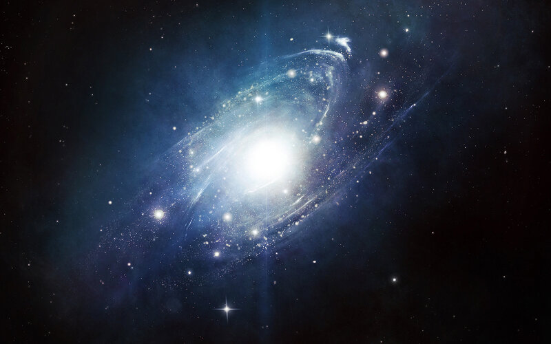 Spiral Galaxy in Space — Blue, Cosmic, Digital Art