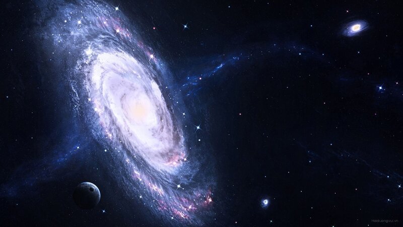 Spiral Galaxy in Space — Blue, Cosmic, Night, Digital Art, Stars, Planets