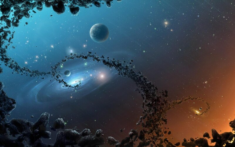 Spiral Galaxy with Asteroids — Blue