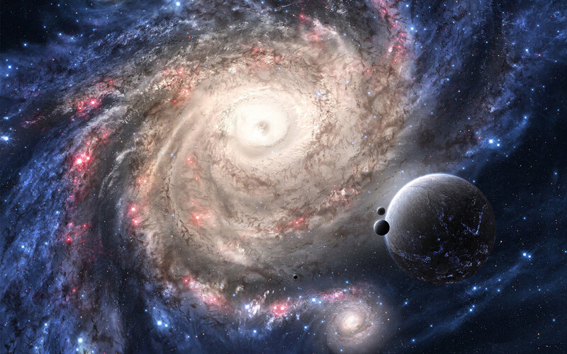 Spiral Galaxy with Planets — Blue, Cosmic, Digital Art, Stars