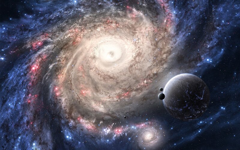 Spiral Galaxy with Planets — Blue, Cosmic, Night, Digital Art