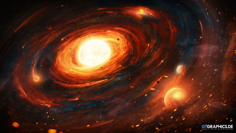 Spiral Galaxy with Planets — Orange