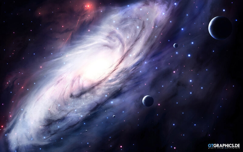 Spiral Galaxy with Planets — Purple, Cosmic, Night, Digital Art, Stars
