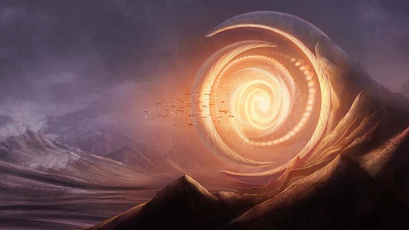 Spiral portal in a desolate landscape