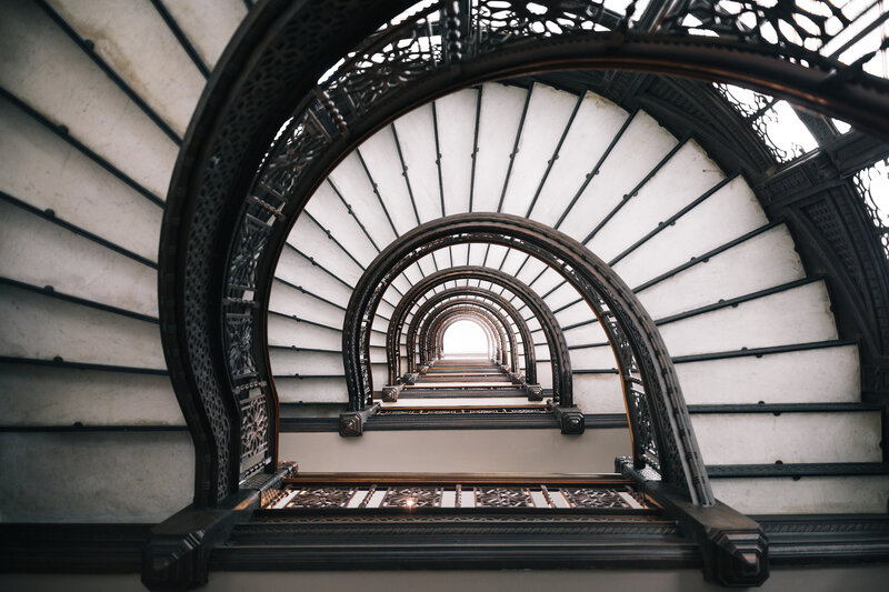 Spiral Staircase — Black, Dramatic, Photograph, Arches