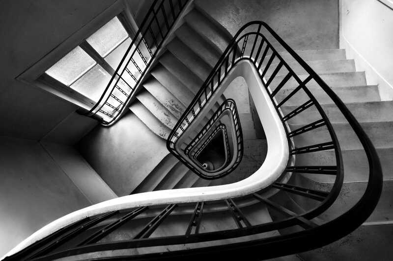 Spiral Staircase — Black, Dramatic, Photograph, Railing
