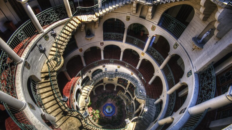 Spiral Staircase Courtyard — White, Dramatic