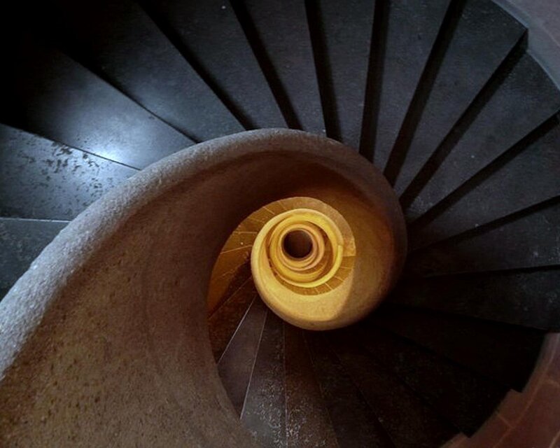 Spiral Staircase from Above — Brown, Dramatic, Photograph