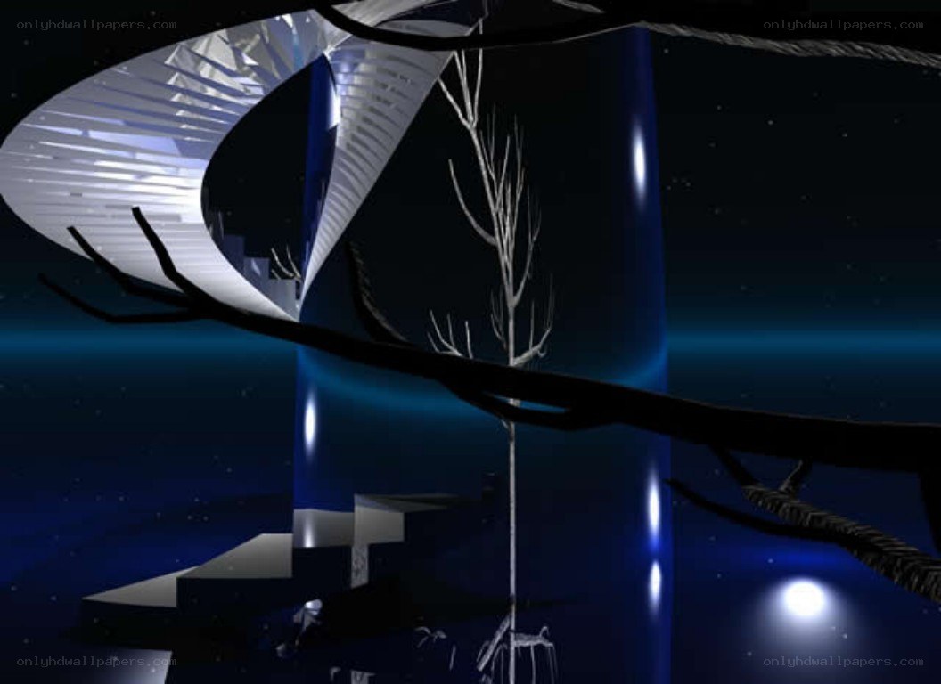 Spiral staircase in a dreamlike landscape