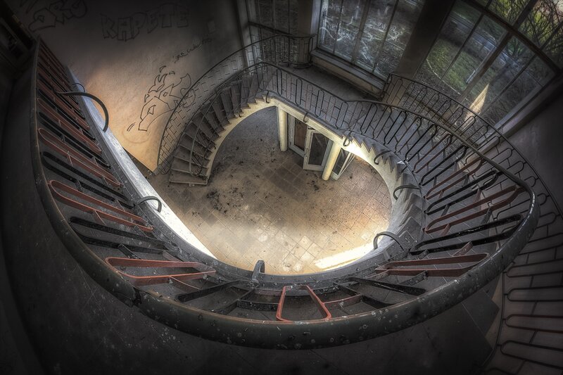 Spiral Staircase in Abandoned Building — Gray