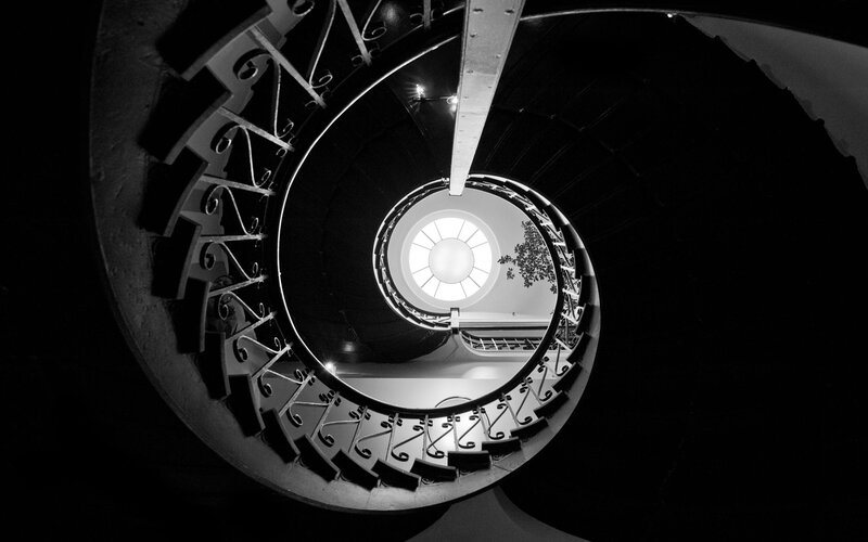 Spiral Staircase Interior — Black, Dramatic, Night, Photograph