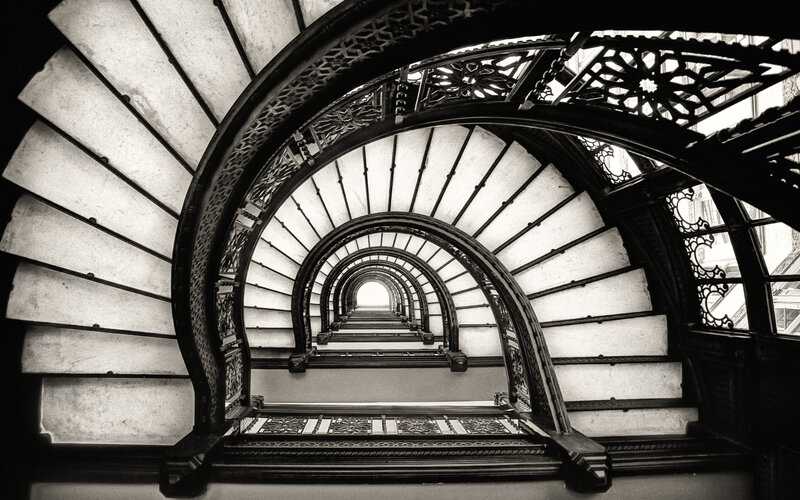 Spiral Staircase Interior — Black, Dramatic, Photograph, Arches