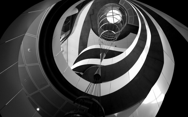 Spiral Staircase Interior — Black, Dramatic, Photograph, Light Fixture