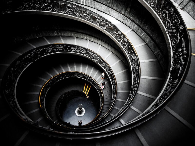 Spiral Staircase Interior — Black, Dramatic, Photograph, People