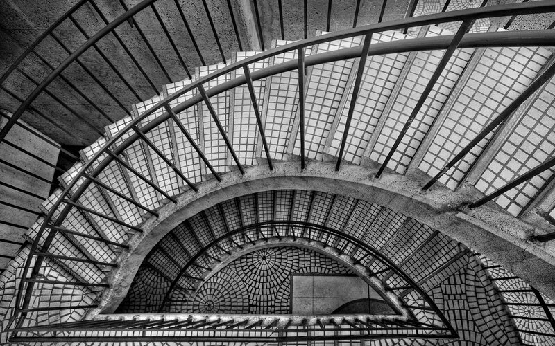 Spiral Staircase Interior — Black, Dramatic, Photograph, Stairs