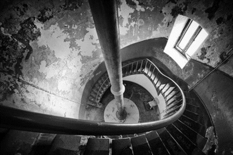Spiral Staircase Interior — Black, Dramatic, Photograph