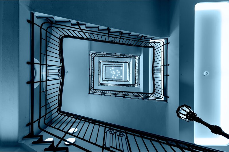 Spiral Staircase Interior — Blue, Dramatic, Photograph