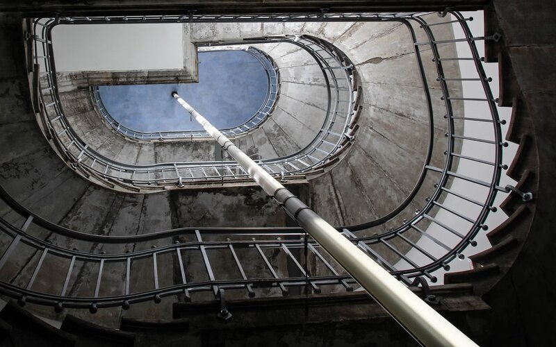 Spiral Staircase Interior — Gray, Dramatic, Afternoon