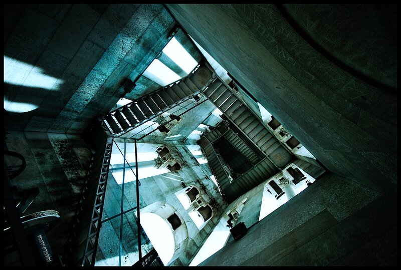 Spiral Staircase Interior — Gray, Dramatic, Photograph