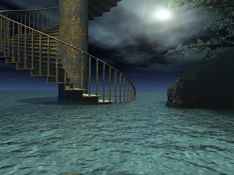 Spiral staircase over water
