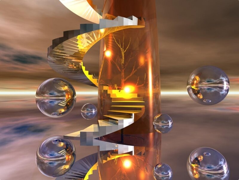 Spiral staircase with floating spheres