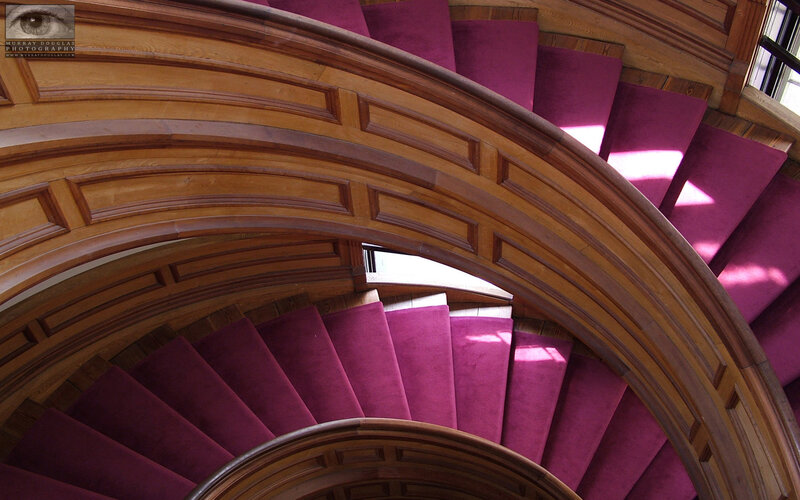 spiral staircase with purple carpet