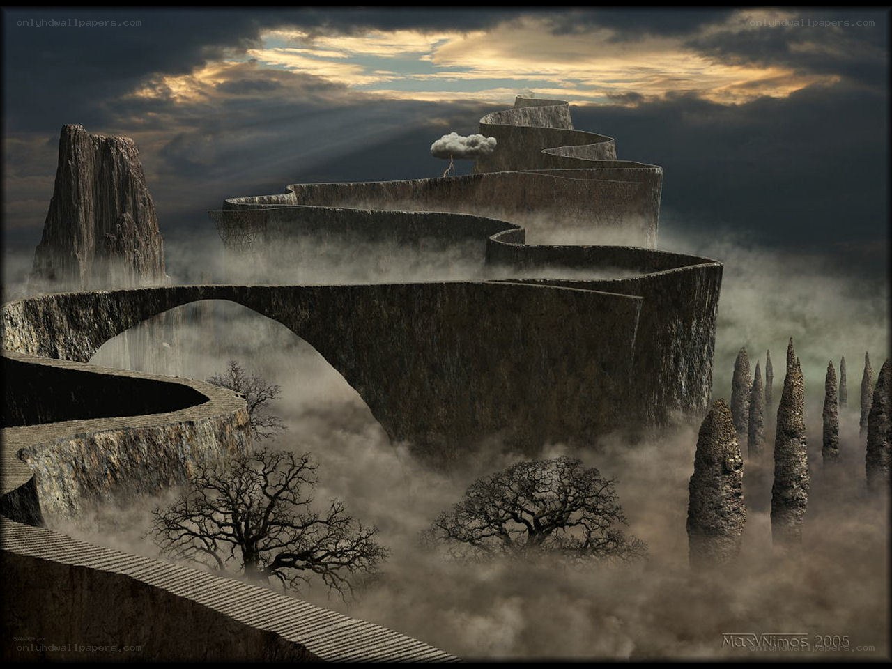 Spiral stone bridge in mist