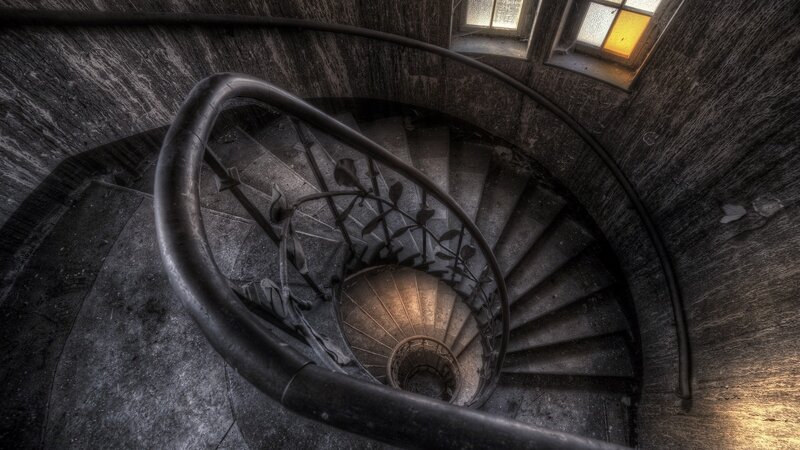 Spiral Stone Staircase — Gray, Dramatic