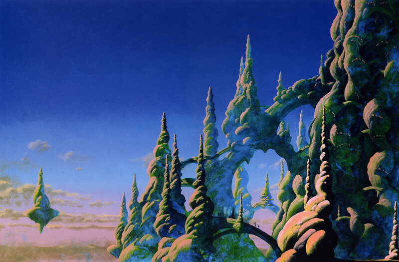 Spiral towers in a dreamlike landscape