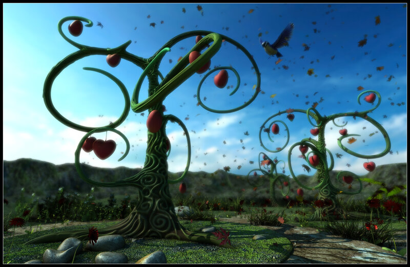 Spiral trees with heart-shaped fruit