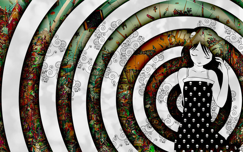 spiraling cityscape with girl