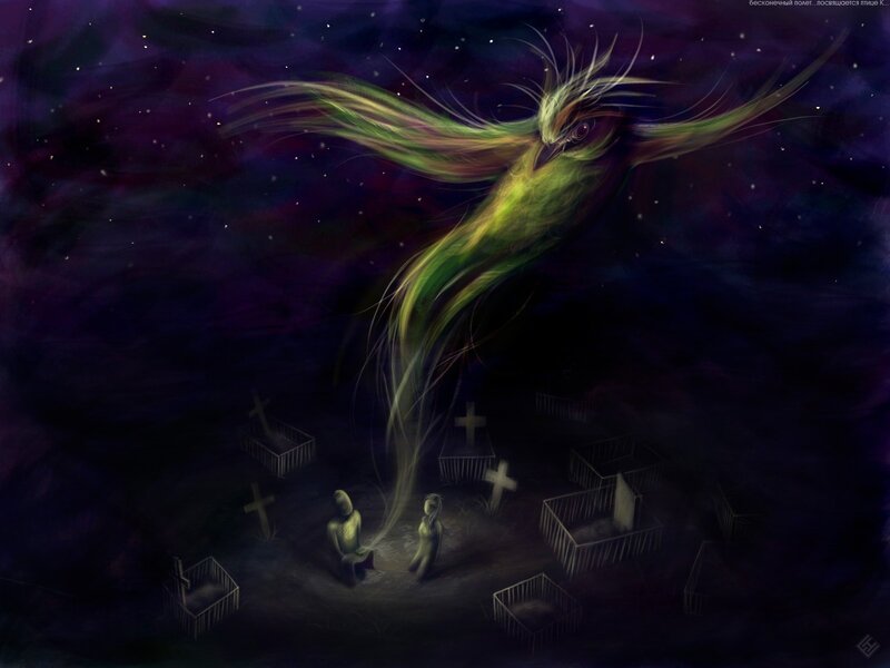 Spirit bird over a graveyard