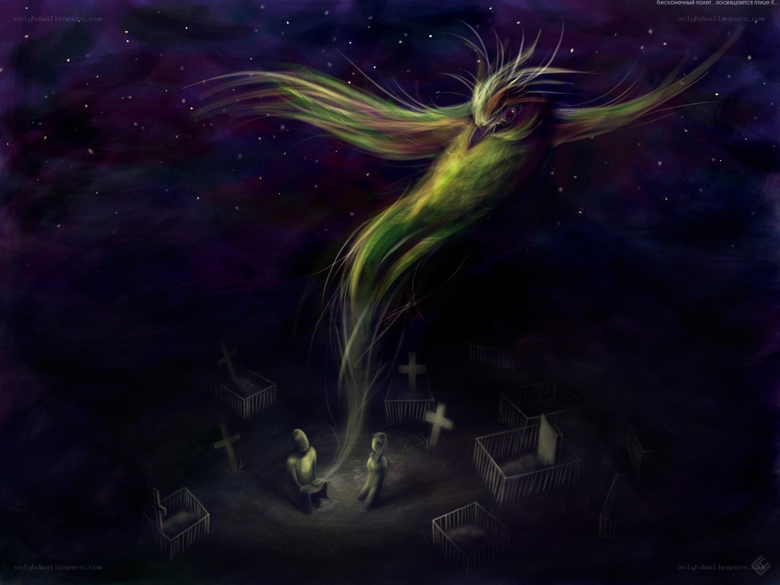 Spirit bird over a graveyard