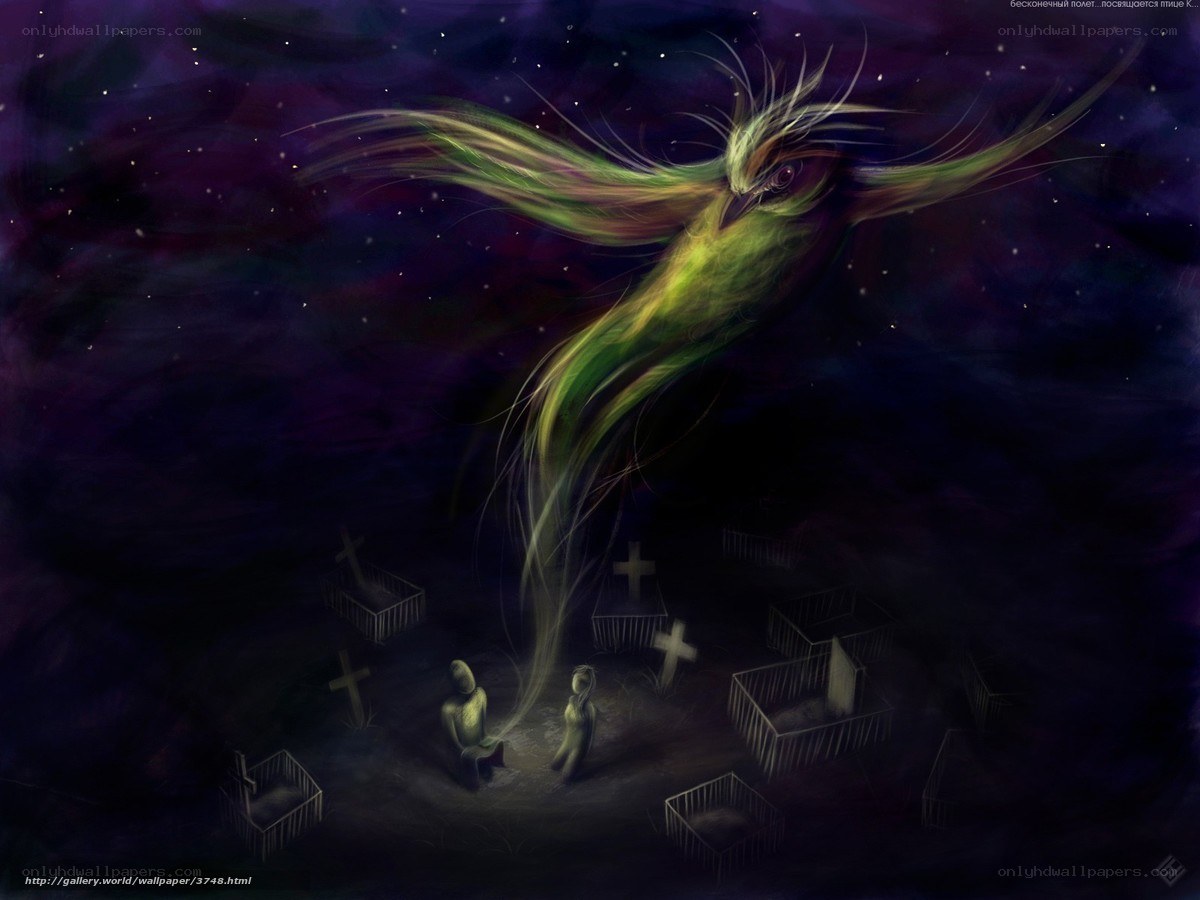 Spirit bird over graveyard