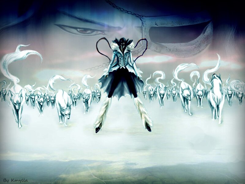 spirit wolves and masked figure