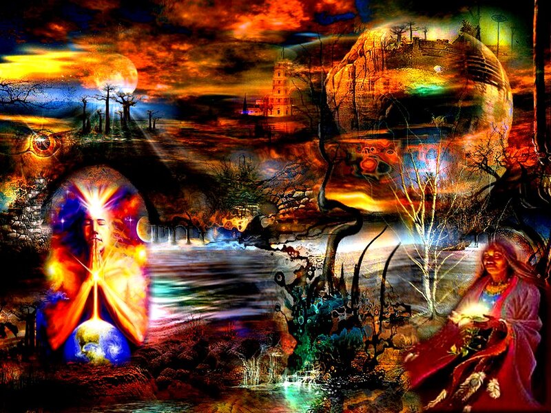 Spiritual Figures in Surreal Landscape