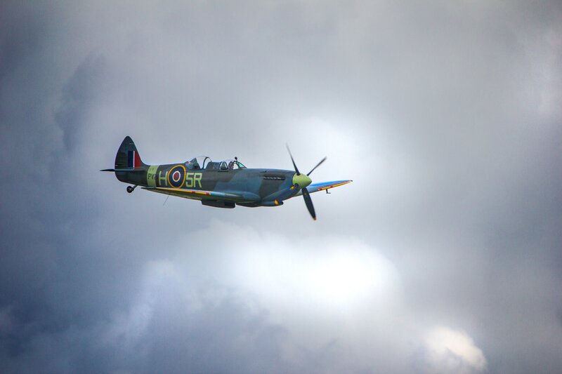 Spitfire Airplane in Flight — Gray